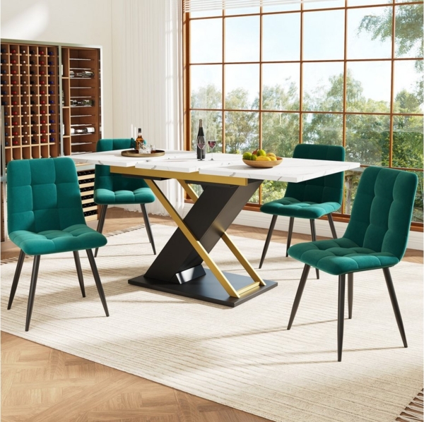 OKWISH Esstisch Moderne Esstisch,mit Marmoroptik (Modischer Ausziehtisch mit Marmormuster (120–160x80 cm), Platzsparend, goldene Kreuzbeine & stabil, Perfekt für Küche & Wohnzimmer, für 6 Personen, 120-160×80cm), Esstisch Ausziehtisch Bild 3