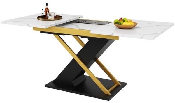OKWISH Esstisch Moderne Esstisch,mit Marmoroptik (Modischer Ausziehtisch mit Marmormuster (120–160x80 cm), Platzsparend, goldene Kreuzbeine & stabil, Perfekt für Küche & Wohnzimmer, für 6 Personen, 120-160×80cm), Esstisch Ausziehtisch Bild 4