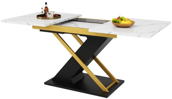 OKWISH Esstisch Moderne Esstisch,mit Marmoroptik (Modischer Ausziehtisch mit Marmormuster (120–160x80 cm), Platzsparend, goldene Kreuzbeine & stabil, Perfekt für Küche & Wohnzimmer, für 6 Personen, 120-160×80cm), Esstisch Ausziehtisch Bild 1
