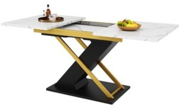 OKWISH Esstisch Moderne Esstisch,mit Marmoroptik (Modischer Ausziehtisch mit Marmormuster (120–160x80 cm), Platzsparend, goldene Kreuzbeine & stabil, Perfekt für Küche & Wohnzimmer, für 6 Personen, 120-160×80cm), Esstisch Ausziehtisch Bild 6