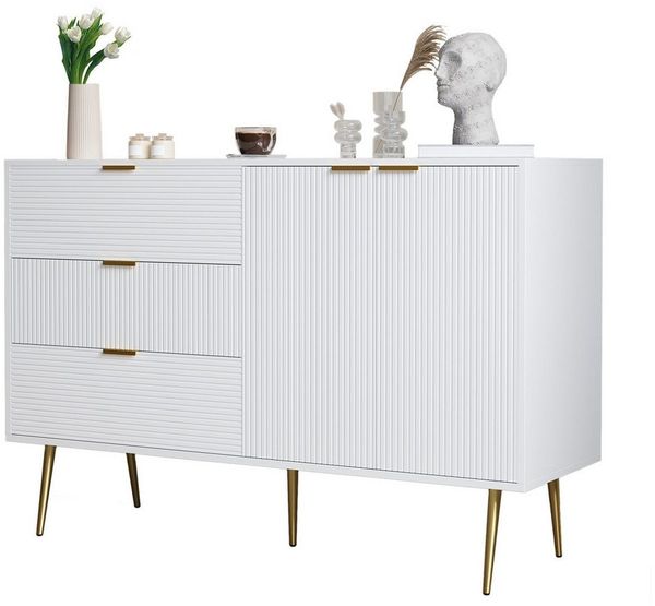 Yorbay Sideboard Beistellschrank mit 2 Türen und 3 Schubladen, Kommode, mit goldenen Griffen und Beinen für Esszimmer, Wohnzimmer