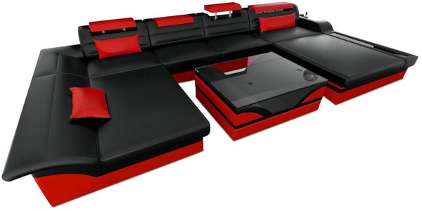 Wohnlandschaft Monza U Form - Büffelleder - schwarz-rot - Links