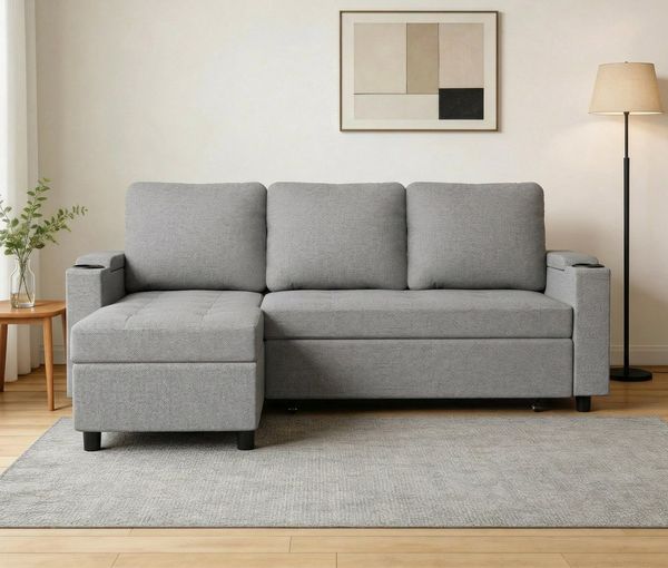 HOMALL Sofa Bequemes Eck-Schlafsofa, mit Schlaffunktion und Bettkasten,Becherhaltern