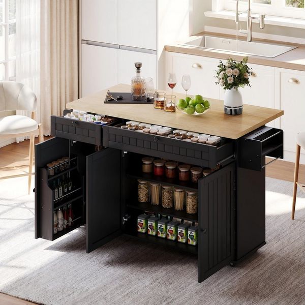 i@home Kücheninsel mit klappbarer Arbeitsplatte,Küchenschrank auf 6 feststellbaren Rollen, (mit Ablage,Türregal,2 großen Schubladen und Schrank 137 x 89,5 x 45 cm)