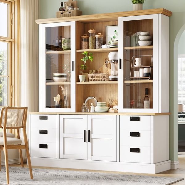 Merax Küchenhochschrank mit 6 großen Schubladen, Glastüren, Kippschutz & Metallschienen, 140x185 cm, Stauraumschrank für Küche & Esszimmer, Weiß