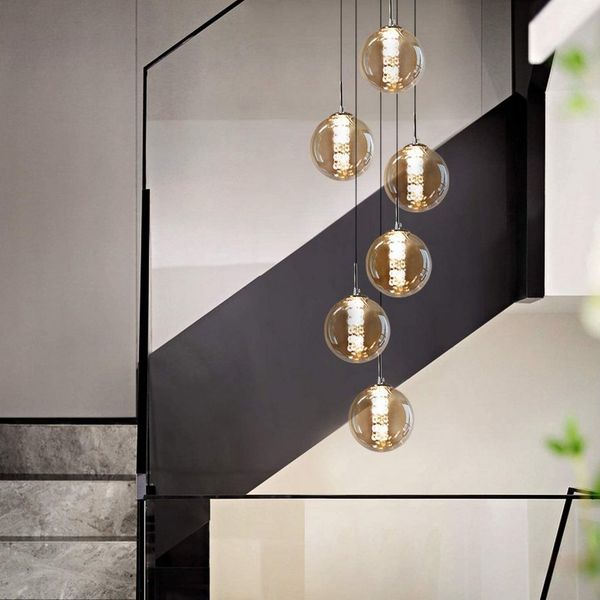 ZMH Pendelleuchte LED Höhenverstellbar Kronleuchter Glas Wohnzimmerlampe, LED wechselbar, Warmweiß, 6 Flammig