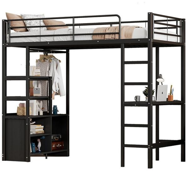 REDOM Kinderbett Hochbett Stauraumbett Eisenbett Metallbett Einzelbett Jugendbett (mit Schreibtisch, USB & Steckdose, Regalen und Stauraum für Kinder & Jugendliche, 90x200cm), Ohne Matratze