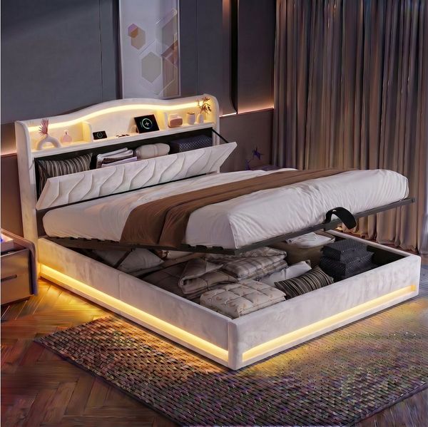Furnishings Home Polsterbett Stauraumbett LED Doppelbett (1-tlg, Inkl. Komforthöhe Lattenrost, Leises Design Bett), Mit Bettkasten, RGB Beleuchtung, Ladefunktion
