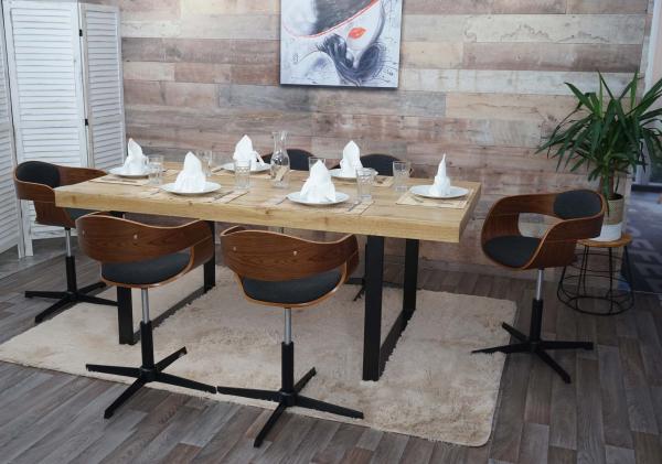 6er-Set Esszimmerstuhl HWC-H46, Stuhl, höhenverstellbar Drehmechanismus Bugholz FSC® ~ Walnuss-Optik, Stoff dunkelgrau