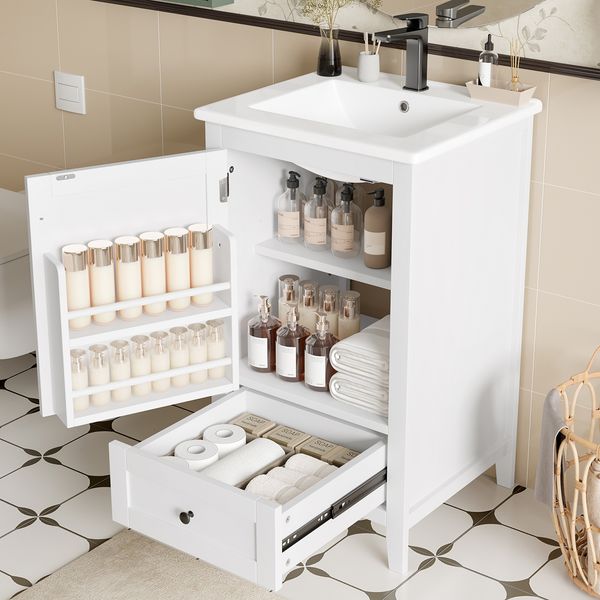 Flieks Waschtisch 51×46×85 cm, freistehender Badezimmerschrank mit Keramikbecken, Schublade, verstellbarem Regal & Türablage, weiß, voll lackiert