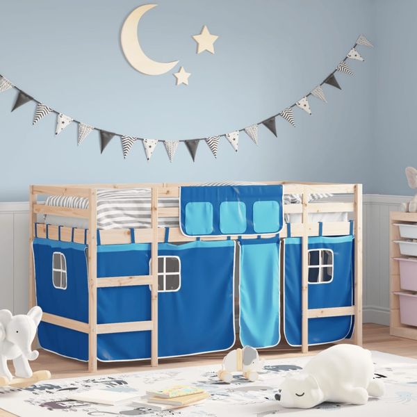 vidaXL Kinderhochbett mit Vorhängen Blau 90x190 cm Massivholz Kiefer 3206974