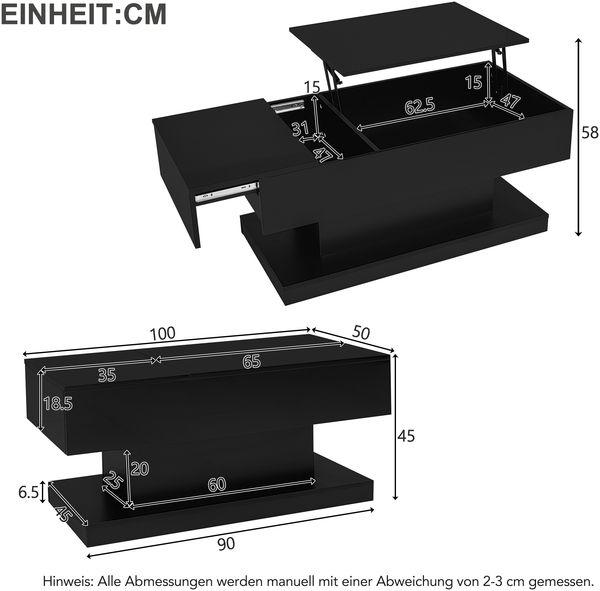 Couchtisch 100 x 50 x 45 cm, hochglänzend, mit hydraulisch anhebbarer und seitlich verschiebbarer Platte Bild 5