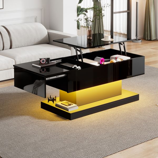 Couchtisch 100 x 50 x 45 cm, hochglänzend, mit hydraulisch anhebbarer und seitlich verschiebbarer Platte
