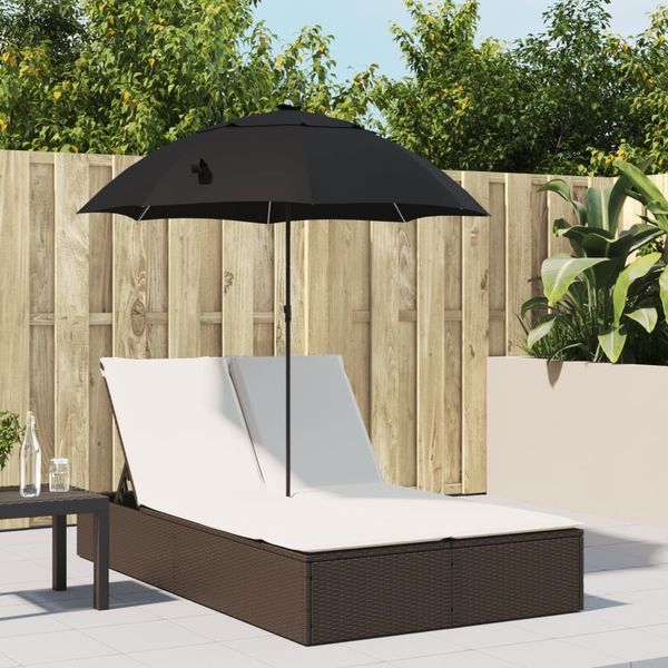 Doppel-Sonnenliege, Gartenliege mit Kissen & Sonnenschirm Braun Poly Rattan