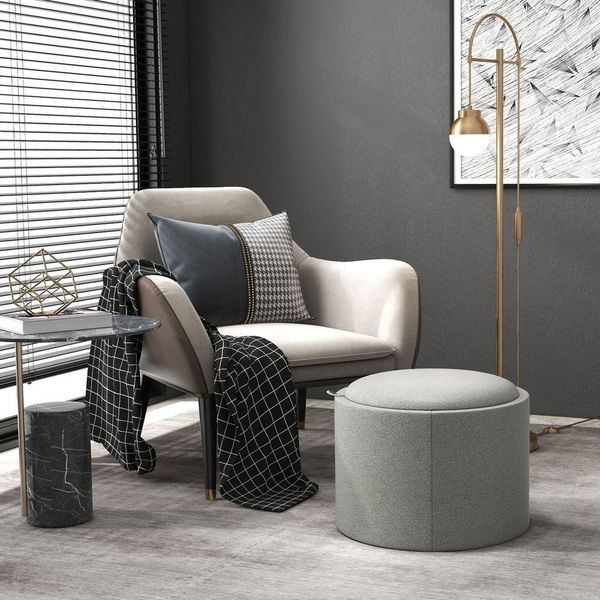 HOMCOM Sitzhocker Ottomane Runder Sitzhocker mit Stauraum, Klappdeckel (56 x 42 x 42 cm Runder Fußhocker mit Leinenoptik, 1 St, Polsterhocker mit Stauraum), für Wohnzimmer, Schlafzimmer, Grau