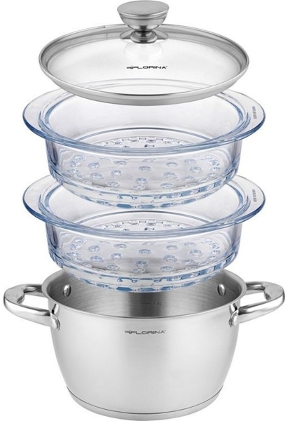 Florina DAMPFKochtopf SATINA 20CM INOX 3-PIECE (2.5L Topf 2X 1.9L Glastopf Deckel) Bild 1