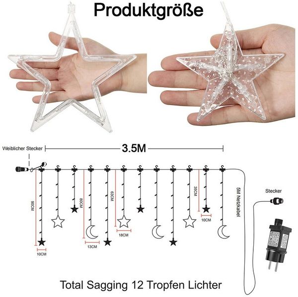MUPOO Lichtervorhang LED Lichtervorhang Sternen und Monden Lichterkette Ramadan, Weihnachten, Timer, Speicherfunktion, Energiesparende