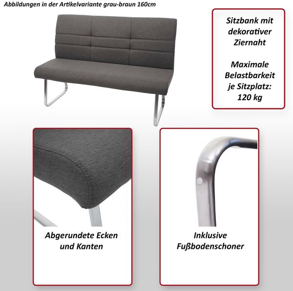 Set 2x Esszimmerstuhl+Sitzbank HWC-G55, Bank Küchenstuhl Stuhl+Armlehne, Stoff/Textil Edelstahl ~ grau-braun Bank 160cm
