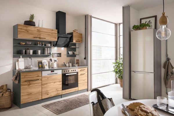 KOCHSTATION Küchenzeile KS-Tulsa, ohne E-Geräte, Breite 210 cm, schwarze Metallgriffe, MDF Fronten