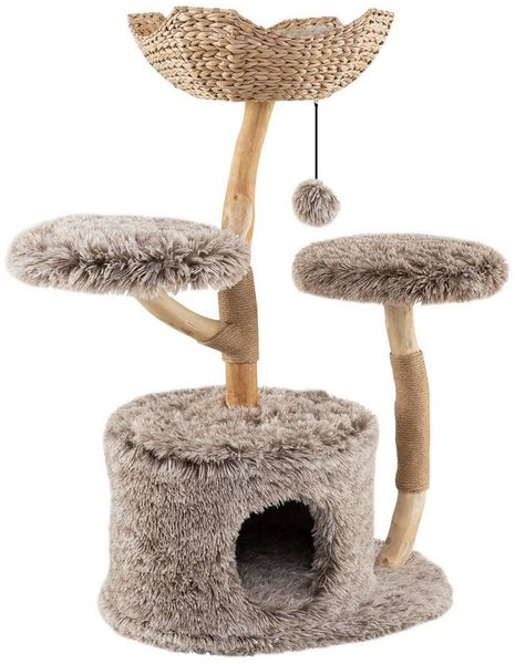 COSTWAY Kratzbaum, Katzenbaum mit Plüschsitz, Katzenhöhle, Massivholz, 105cm hoch