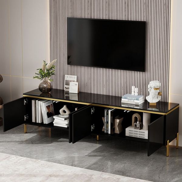 Merax Lowboard hochglanz TV-Ständer mit goldenen Zierelementen & Kabeldurchführungen (1 St), TV-Schrank mit 4 Schranktüren und Metallbeinen, 170x38x50cm