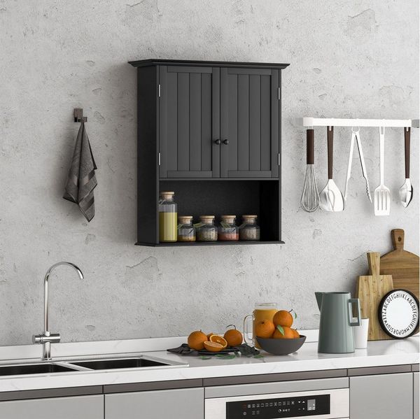 COSTWAY Hängeschrank Bad, mit Tür & verstellbarer Ablage, wandmontage, grau