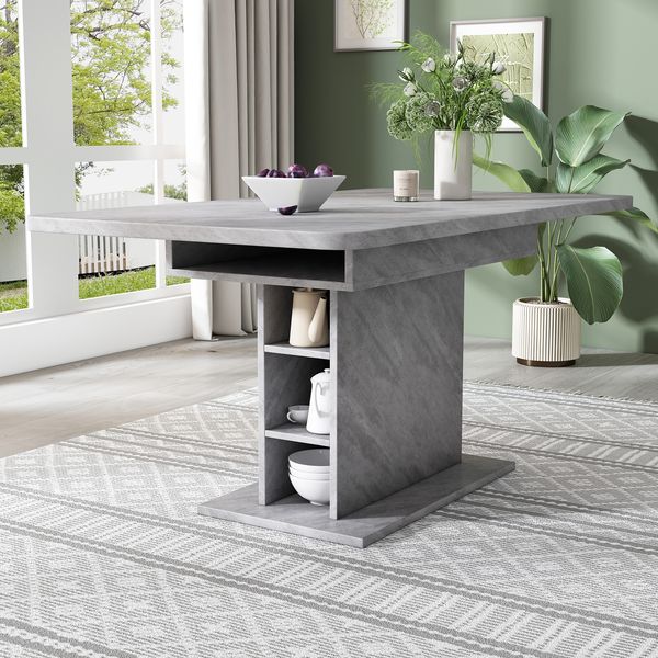 Ausziehbarer Esstisch H 75 x T 130 x B 70 cm mit Stauraum, Grau, Spanplatte/Metall, moderne Betonoptik, Produktmaße siehe Abbildung