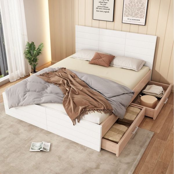 BlingBin Stauraumbett Doppelbett Holzbett (1-tlg, 140×200cm mit 2 Schubladen), Bettgestell und Lattenrost-207×80×145cm (L×H×B)
