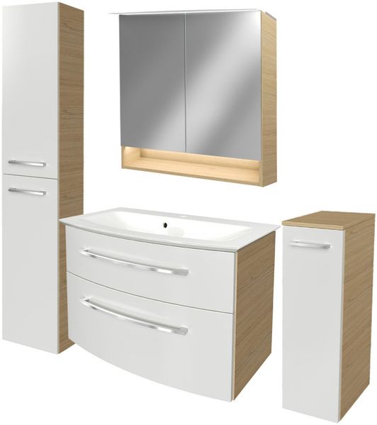 FACKELMANN B.STYLE Badmöbel Set 5-teilig 83 cm breit, Weiß/Braun + LED Spiegelschrank + Hochschrank + Midischrank