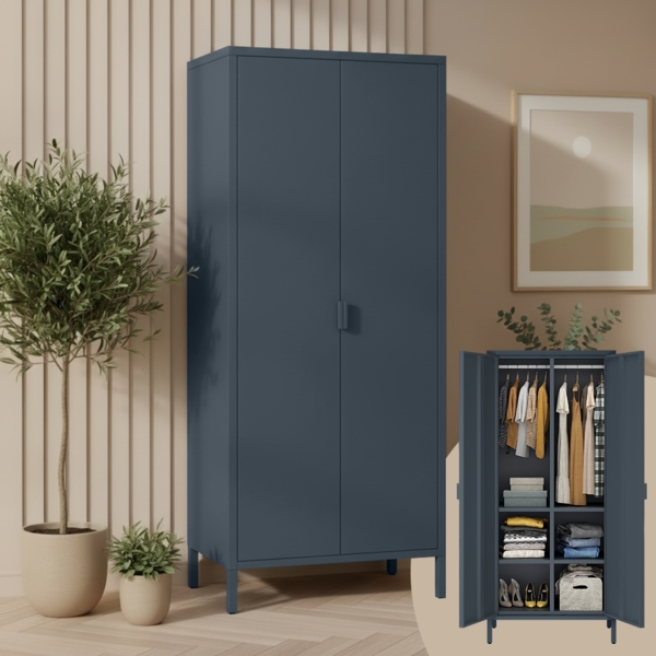 skølm 'Ituri' Kleiderschrank, Metall, 170x45x80 cm, anthrazit, Garderobe mit 4 Fächern und 2 Kleiderstangen