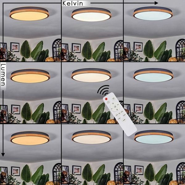 hofstein Panel Deckenlampe aus Metall/Kunststoff/Holz in Schwarz/Natur, Fernbedienung, LED wechselbar, 3000-6500 Kelvin, dimmbare Deckenleuchte im modernen Design, CCT, 60 Watt, 6600 Lumen
