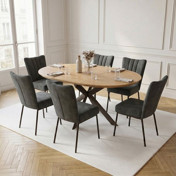 Jiexi Essgruppe Tisch-und Stuhlset, Ausziehbarer Esstisch (110-150 cm) mit 4-6 Stühlen