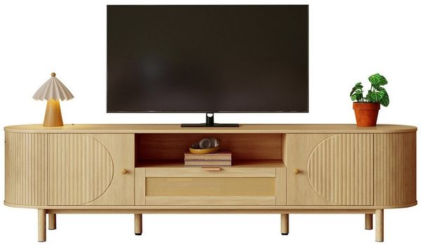 OKWISH Lowboard in Holzoptik (Fernsehtisch, Wohnzimmermöbel, 1 St, 1 Rattan-Schubladen,1 offenen Fächern, 2 Türen), abgerundeter Tischplatte, Metallbeinen