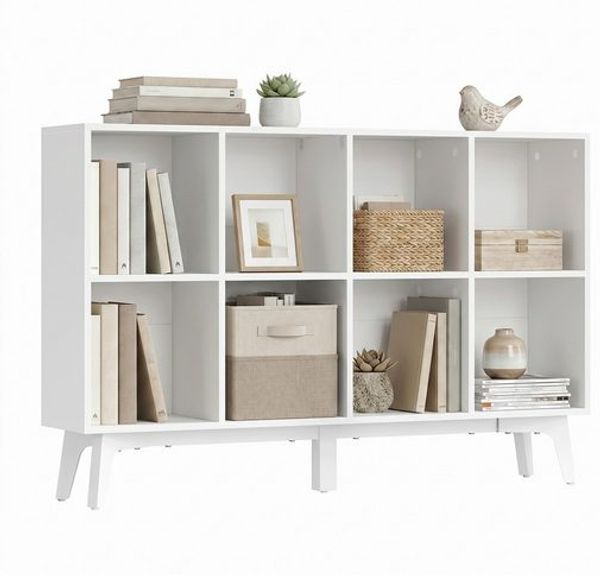 VASAGLE Bücherregal Standregal mit 8 Fächern Holzregal Mid-Century Modern 119,6 x 24 x 77 cm Weiß