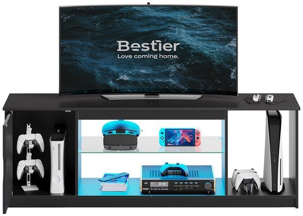 Bestier Lowboard TV-Schrank, Fernsehschrank mit RGB-LED (Breite 144,8 cm mit 2 offenen Fächern und 1 Tür), Fernsehtisch mit verstellbaren Glasböden für Wohnzimmer, Schlafzimmer