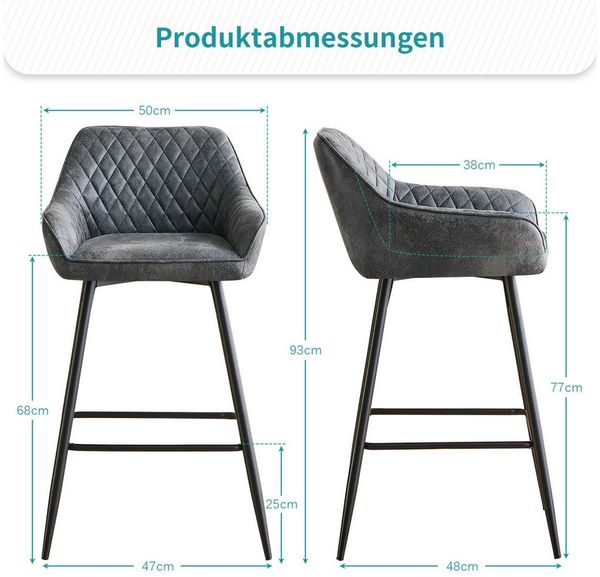 JYMTOM Barhocker Kunstleder Barhocker, 2er-Set, Barstühle mit gepolsterter Sitz, Rücken-/Armlehnen,Metallbeinen,für Frühstückstheken(2,hellgrau)
