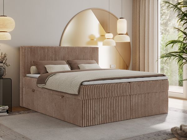 Boxspringbett mit Kopfteil und Topper Visco, Cord Bett - TILIANO - 160 x 200 cm - Braun Cord - H4