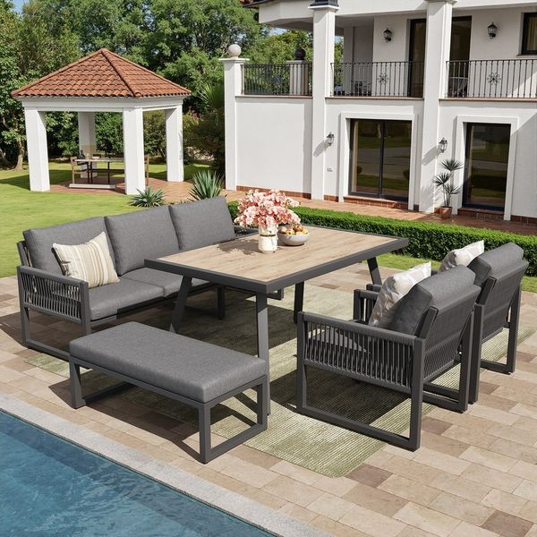 TavilaEcon Gartenlounge-Set Gartenmöbel Set Outdoor Sofa 6-7 Sitzer für Balkon Terrasse, (5-tlg), mit großem Esstisch, Hochwertigen Sitzkissen & Rückenkissen