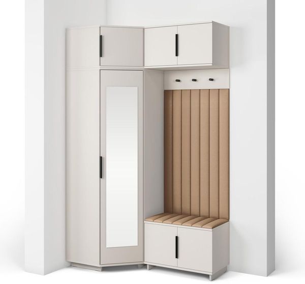Garderoben-Set Napoli Version 23: Eckschrank mit Polsterpaneelen, Schuhschrank und Schrankaufsatz Flur und Eingangsbereich (Cashmere/Trinity 04), 229 x 70 x 140 cm