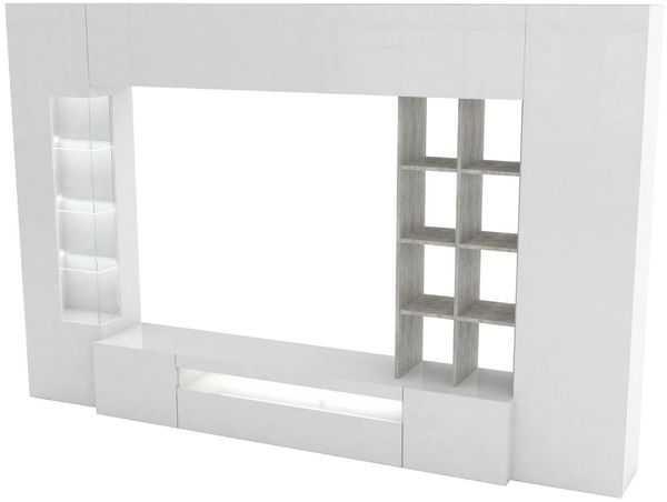 Dmora Ausgestattete Wand Azuro, TV-Ständer-Wohnzimmerset, Mehrzweck-Wohnzimmermöbel, 100 % Made in Italy, 290 x 40 x 192 cm, glänzendes Weiß und Beton,