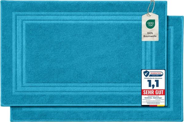 Komfortec Badvorleger Set 2 Teilig, Frottee Duschvorleger, Waschbar Duschmatte & Badteppich, 600 g/m² &100% Baumwolle, Saugfähig & Schnelltrocknend, 50x70 cm, Türkis