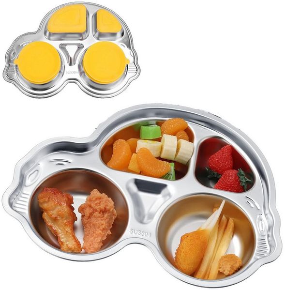 HEYHIPPO Kindergeschirr-Set Kinder-Esstablett mit Saugnapf,Autoform,rutschfester Edelstahl, 700 ml, 1 Personen, Babybesteck, 29,5 x 21,5 x 4,5 cm, bruchsicher und leicht zu reinigen