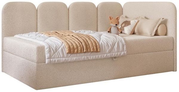Compleo Boxspringbett Jugendbett DREAMY, Polsterbett mit Bettkasten, 80/90/100/120x200, Kopfteil links oder rechts, Boucle oder Velvet