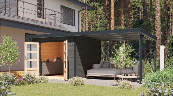 Hybrid-Gartenhaus Pluto B - 271x271 cm plus 3 m Anbaudach, 28mm terragrau/anthrazit