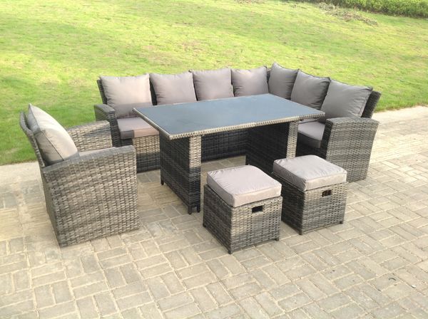 Fimous 9 Sitzer Hoher Rücken Rattan Gartenmöbel-Set Ecksofa mit Black Tempered Glass Esstisch Hocker mit Sessel