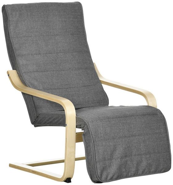 HOMCOM Relaxsessel mit verstellbaren Armlehnen,Stoffdekoration, Holzrahmen (Esszimmerstuhl, 1-St, Schwingstuhl), für Wohnzimmer, Birkenholz, Grau 66,5 x 94 x 100cm