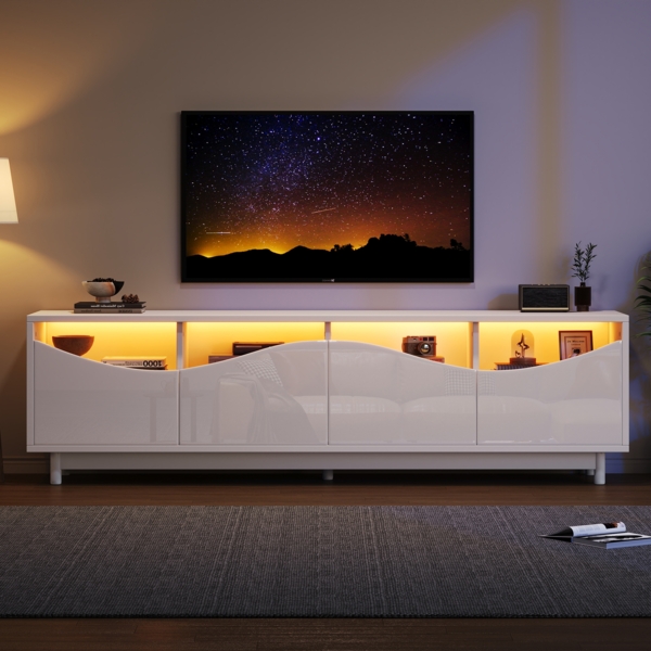 Merax TV-Schrank in geschwungenem Design, weiß, hochglänzend, Schranktür aus gehärtetem Glas, LED-Beleuchtung, geeignet als Unterhaltungsmöbel, Schlafzimmer, Wohnzimmer, 175 x 38 x 51 cm