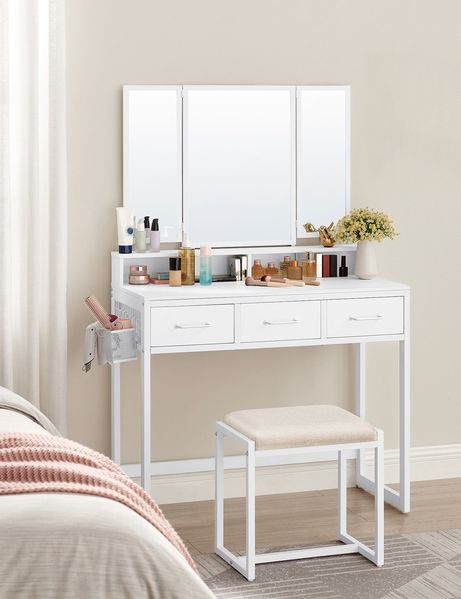 Vasagle Schminktisch mit gepolstertem Hocker, Holzspanplatte weiß, 90 x 40 x 141 cm