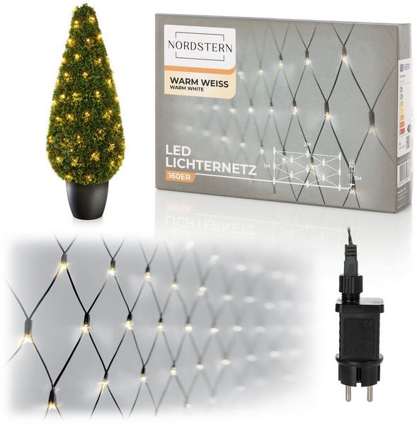 Nordstern LED-Lichterkette WarmWeiß von 24 bis 1.200 LED Weihnachtsdeko für Innen und Außen, Lichternetz mit Stecker 160 LED - 2x1 m für Weihnachtsbaum / Sträucher
