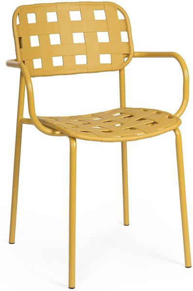 Gartenstuhl Clover 4er-Set aus Metall und Kunstfasergeflecht, modern, ocker, stapelbar mit Armlehne